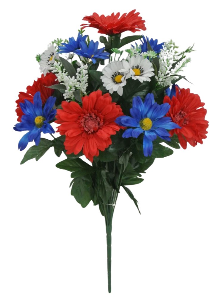 19" Mixed Gerbera Daisy Bush: Red/White/Blue (11) - 82523-RDWTBL - The Wreath Shop