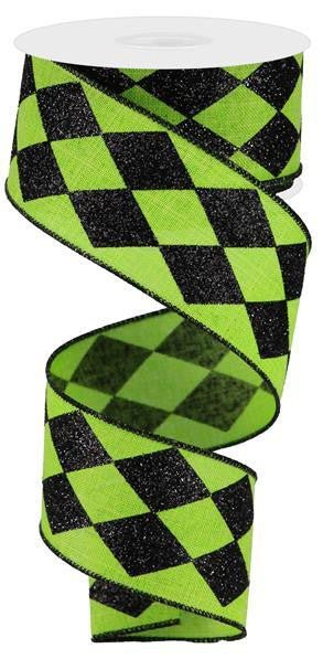 2" Glitter Harlequin Ribbon: Lime Green/Black - 10yds - RGA149933 - The Wreath Shop