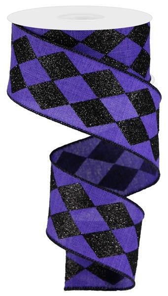 2" Glitter Harlequin Ribbon: Purple/Black - 10yds - RGA149923 - The Wreath Shop