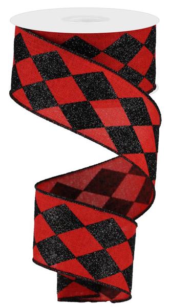 2" Glitter Harlequin Ribbon: Red/Black - 10yds - RGA149924 - The Wreath Shop