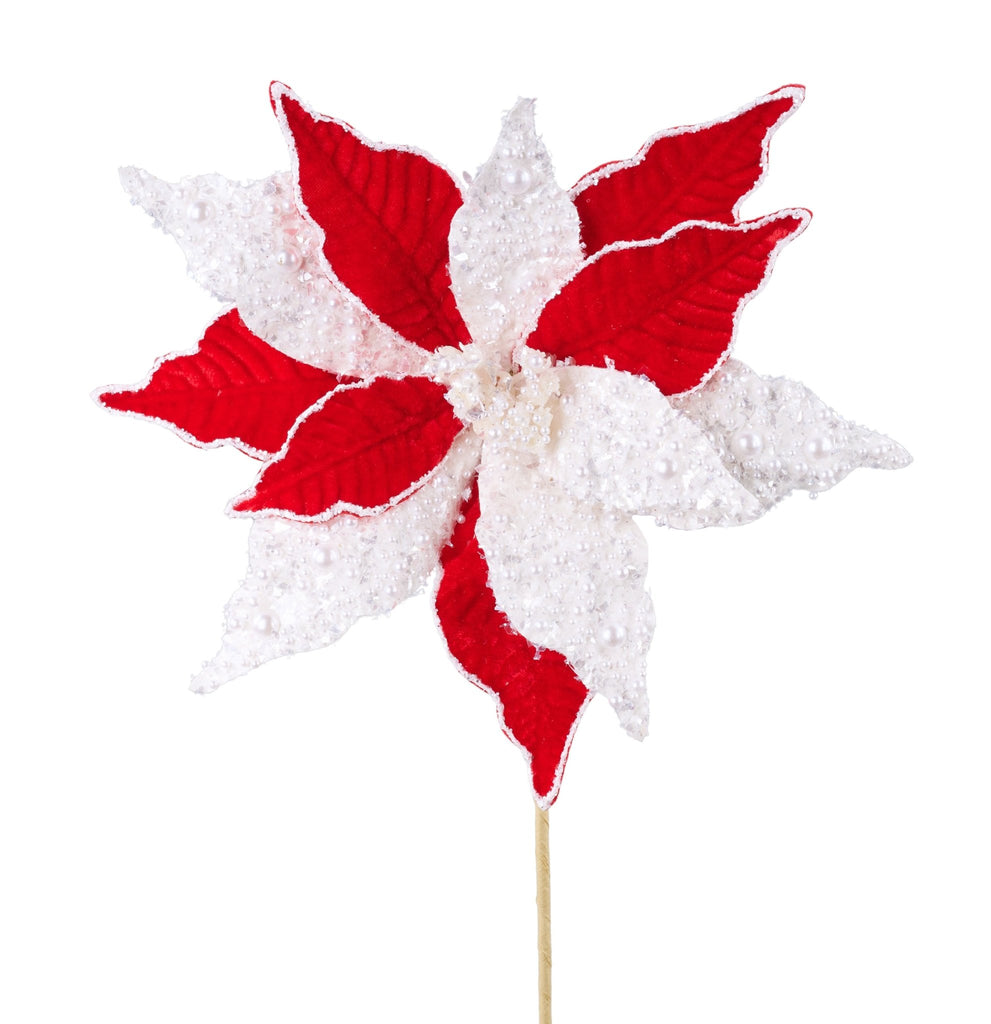 20" Red/White Velvet Glitter Poinsettia - XS412876 - The Wreath Shop