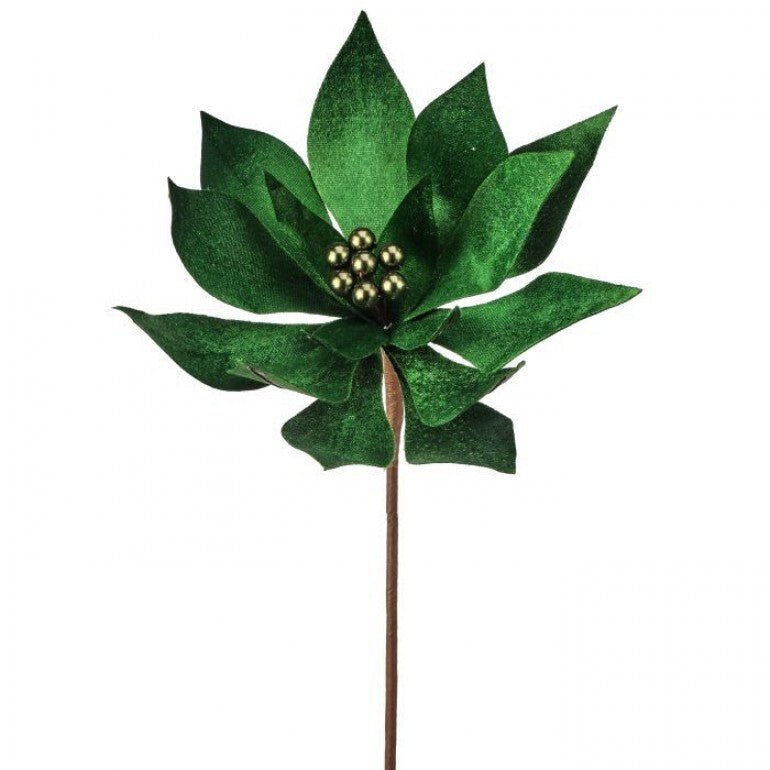 20" Velvet Poinsettia Pick: Dark Green - 21148 Memory Lane - The Wreath Shop