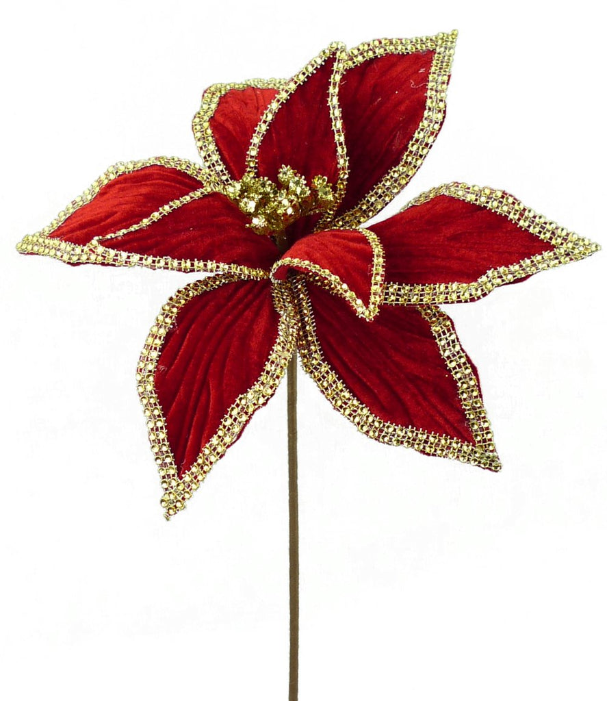 21" Velvet Bead Poinsettia Pick: Red/Gold - 84586RDGD - The Wreath Shop