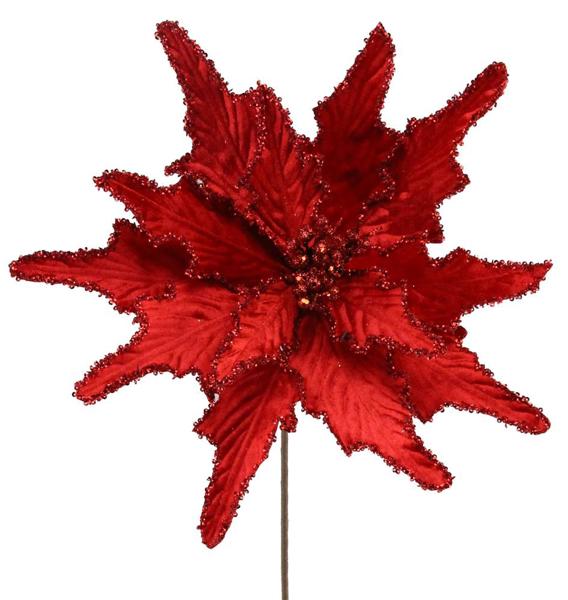 22" Red Velvet/Glitter Poinsettia Stem - NF409024 - The Wreath Shop