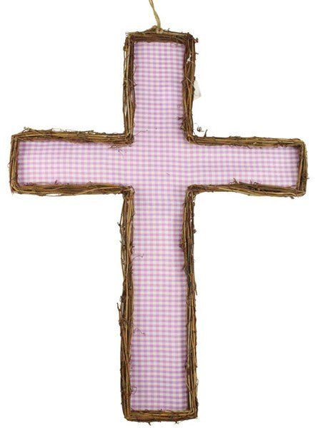 22" Vine/Fabric Cross: Lavender/White Gingham - KG3010 - The Wreath Shop