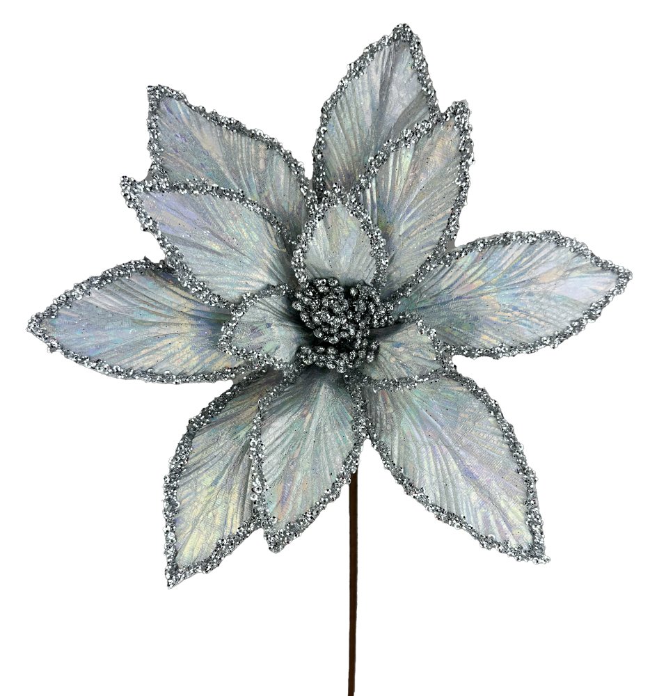 24" Iridescent Glitter Poinsettia Stem: Silver - 86070SV - The Wreath Shop