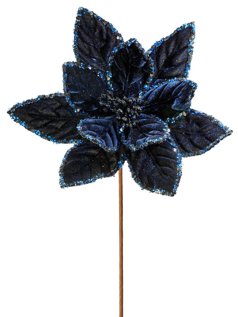 24" Sequin Edge Velvet Poinsettia Stem: Midnight Blue - MTX68955 MIDB - The Wreath Shop