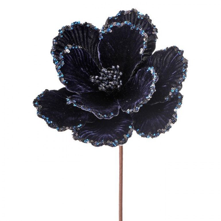 24" Velvet Glitter/Bead Edge Magnolia Stem: Midnight Blue - MTX66900 - The Wreath Shop