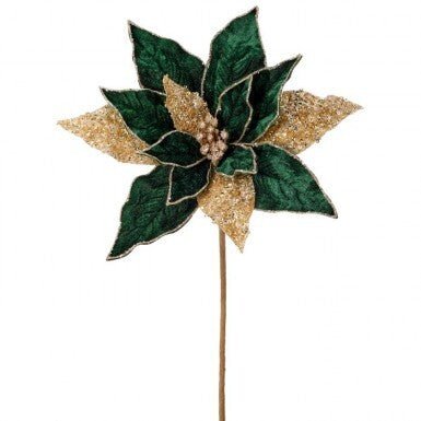 24" Velvet/Glitter Poinsettia Stem: Green/Gold - MTX73519 - The Wreath Shop