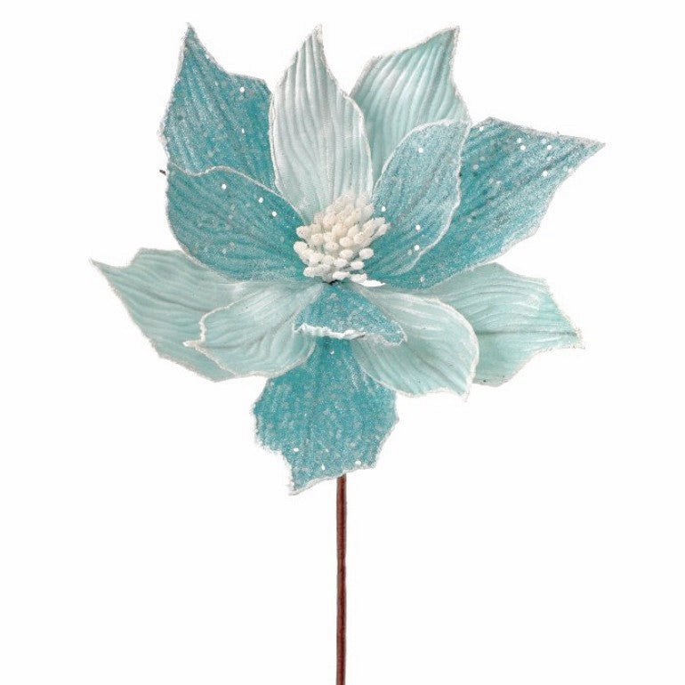 24" Velvet/Glitter Poinsettia Stem: Ice Blue - MTX66871 - The Wreath Shop