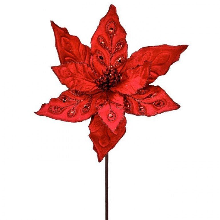 24" Velvet/Sequin Poinsettia Stem: Red - MTX70427 - The Wreath Shop