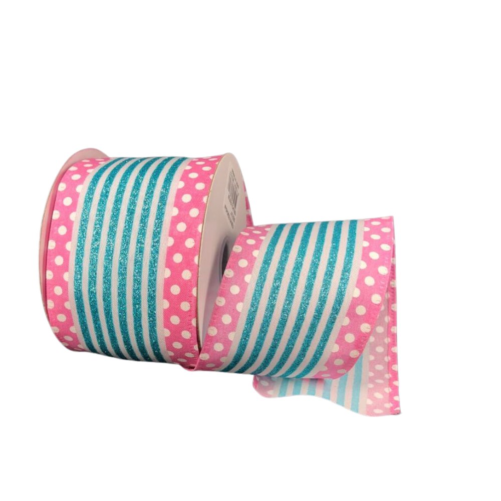2.5" Aqua/White Glitter Stripe Pink Dot Edge Ribbon - 10yds - 75240-40-44 - The Wreath Shop