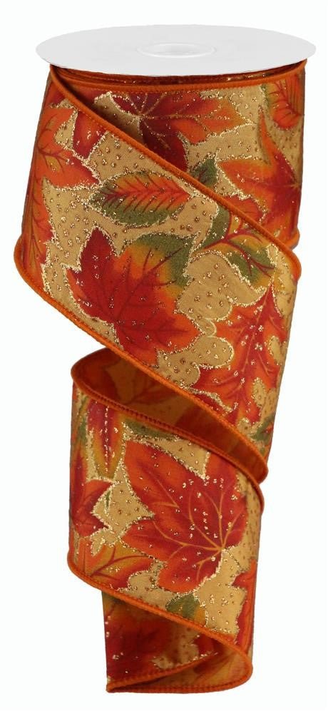 2.5" Autumn Leaves on Satin Ribbon - 10yds - RGC1005 - The Wreath Shop