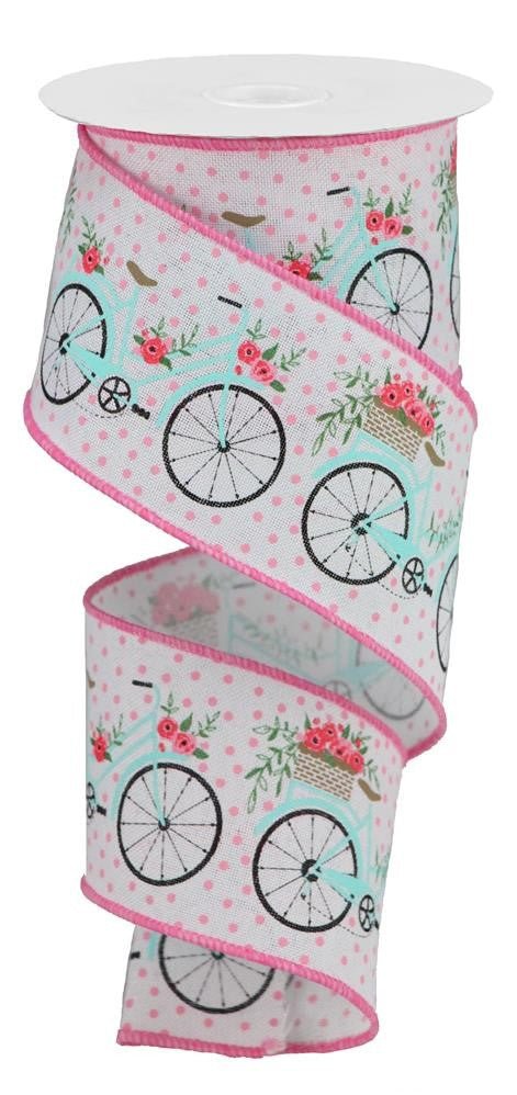 2.5" Bicycle Ribbon: White/Pink - 10yds - RGA164027 - The Wreath Shop