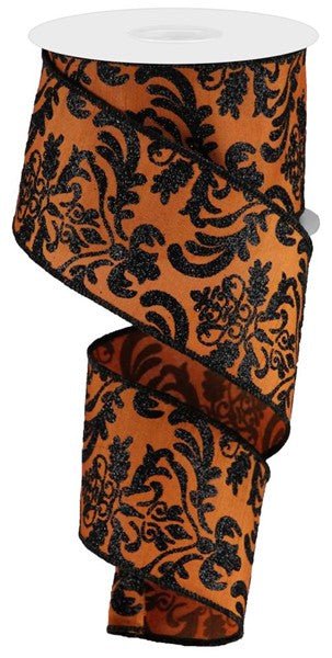 2.5" Bold Damask Dupioni Ribbon: Orange/Black - 10yds - RGB1325TC - The Wreath Shop