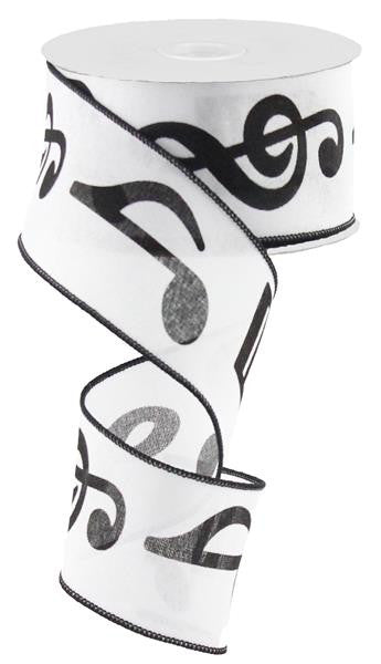 2.5" Bold Music Note Ribbon: White/Black (10 yds) - RG0163027 - The Wreath Shop