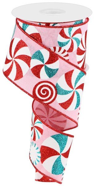 2.5" Bold Peppermint Ribbon: Lt Pink/Red/Wht/Turq - 10yds - RGC1230TK - The Wreath Shop
