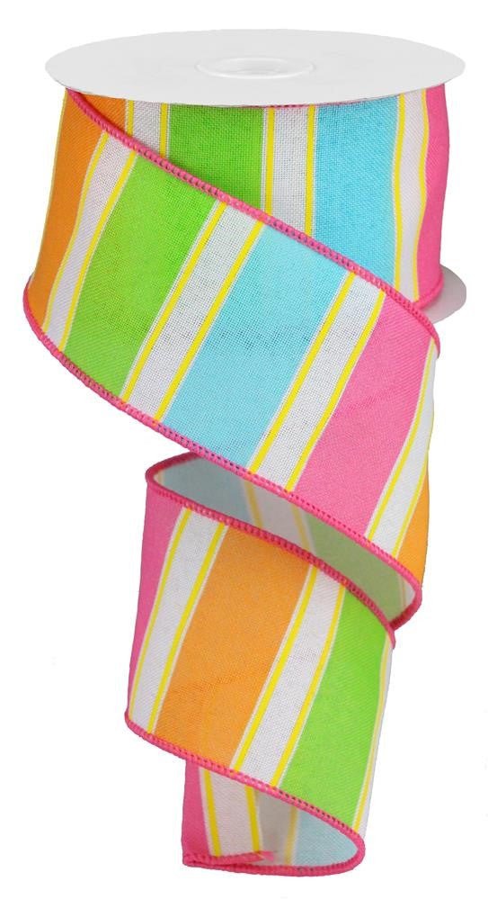 2.5" Bold Spring Stripe Ribbon: Wht/Pink/Org/Grn/Blue - 10Yds - RGA1719HY - The Wreath Shop