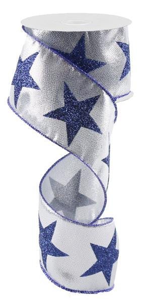 2.5" Bold Star Metallic Ribbon: Silver/Navy Blue - 10Yds - RG0166426 - The Wreath Shop