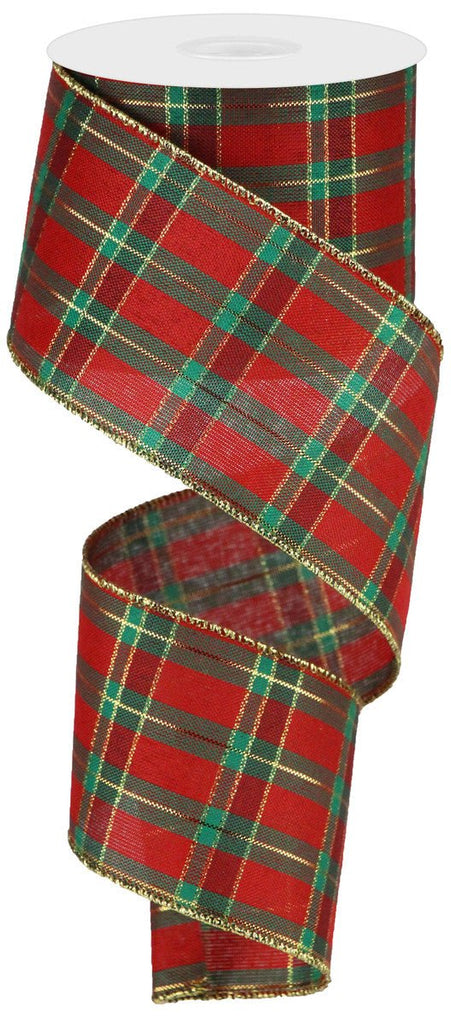 2.5" Christmas Plaid Ribbon: Red/Green/Met Gold - 10yds - RGA1406 - The Wreath Shop