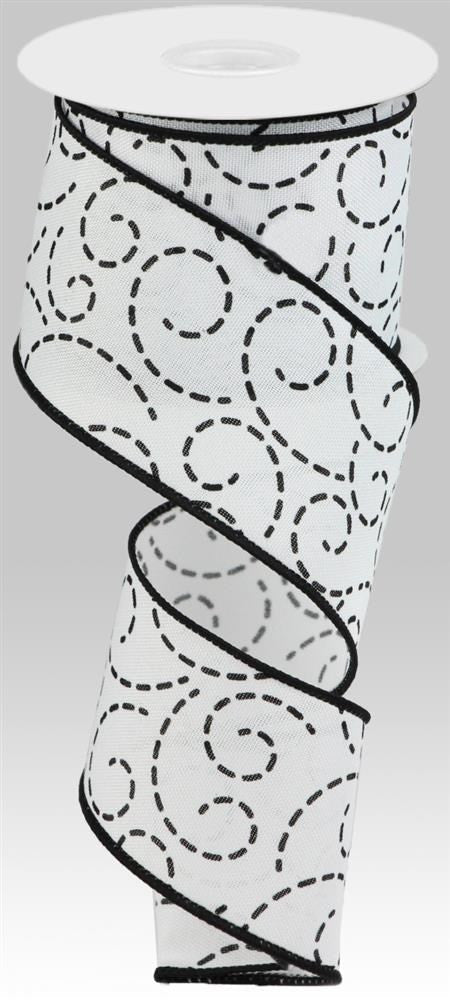2.5" Dashed Swirl Ribbon: White/Black - 10yds - RGC127527 - The Wreath Shop