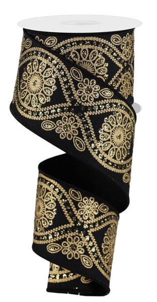 2.5" Deluxe Wavy Floral Ribbon: Black/Gold - RGE1962D3 - The Wreath Shop