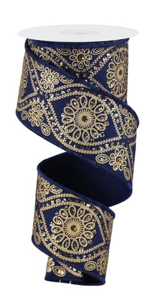 2.5" Deluxe Wavy Floral Ribbon: Navy/Gold - RGE196219 - The Wreath Shop