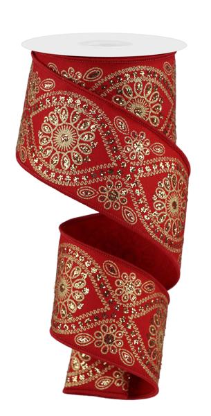 2.5" Deluxe Wavy Floral Ribbon: Red/Gold - RGE196230 - The Wreath Shop