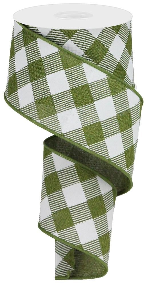 2.5" Diagonal Check Ribbon: Moss Grn/Wht - 10yds - RGA126552 - The Wreath Shop