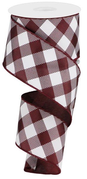 2.5" Diagonal Check Satin Ribbon: Maroon/White - 10yds - RW7813 - The Wreath Shop