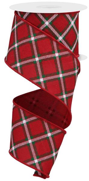 2.5" Diagonal Dash Check Ribbon: Red/Emerald/White - 10yds - RGE156724 - The Wreath Shop