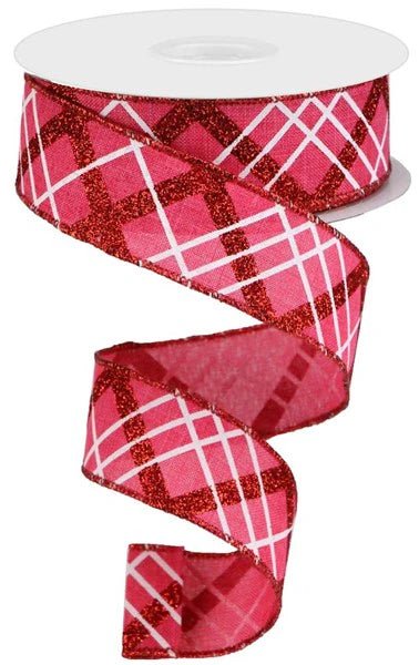 2.5" Diagonal Glitter Plaid Ribbon: Hot Pink/Red/White - 10yds - RGA124711 - The Wreath Shop