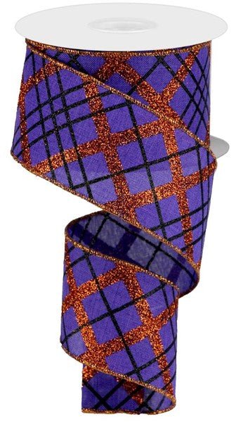 2.5" Diagonal Glitter Plaid Ribbon: Purple/Orange/Black - 10yds - RGA1223M2 - The Wreath Shop