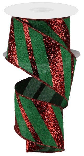 2.5" Diagonal Glitter Stripe Ribbon: Emerald Green/Red - 10yds - RGA150306 - The Wreath Shop