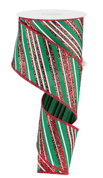 2.5" Diagonal Glitter Stripe Ribbon: Emerald/Red/White - 10yds - RGE185306 - The Wreath Shop