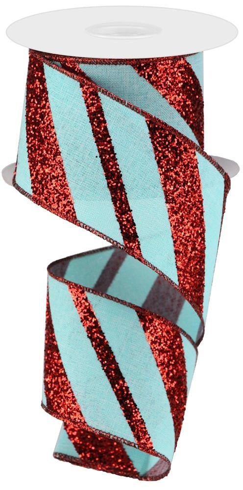 2.5" Diagonal Glitter Stripe Ribbon: Ice Blue/Red - 10yds - RGA1503H1 - The Wreath Shop