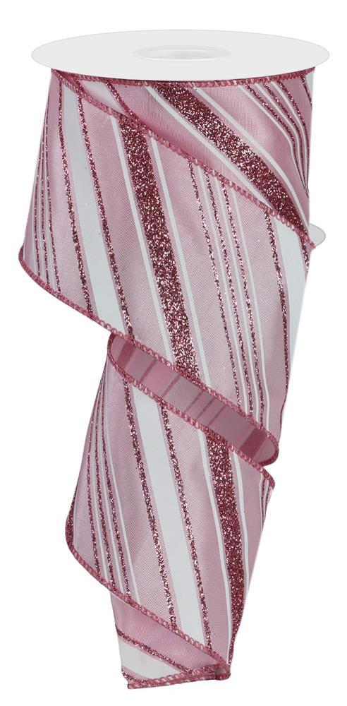 2.5" Diagonal Glitter Stripe Ribbon: Pink/Wht - RGE142322 - The Wreath Shop