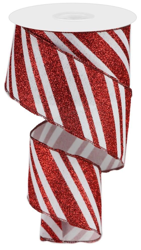 2.5" Diagonal Glitter Stripe Ribbon: Red/White - 10yds - RGA1470F4 - The Wreath Shop