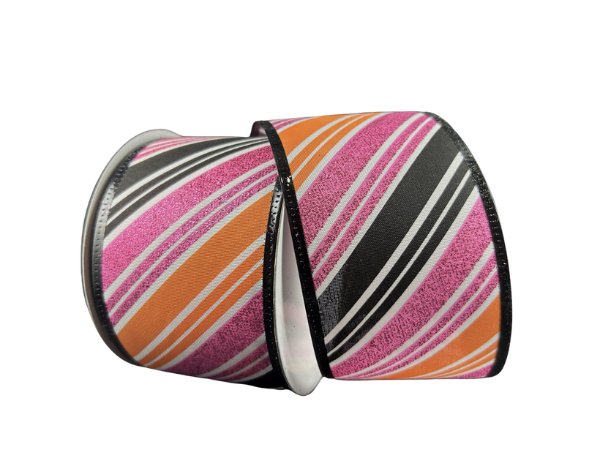 2.5" Diagonal Glitter Stripe Ribbon: White/Black/Orange/Fuchsia - 10yds - 56425 - 40 - 03 - The Wreath Shop