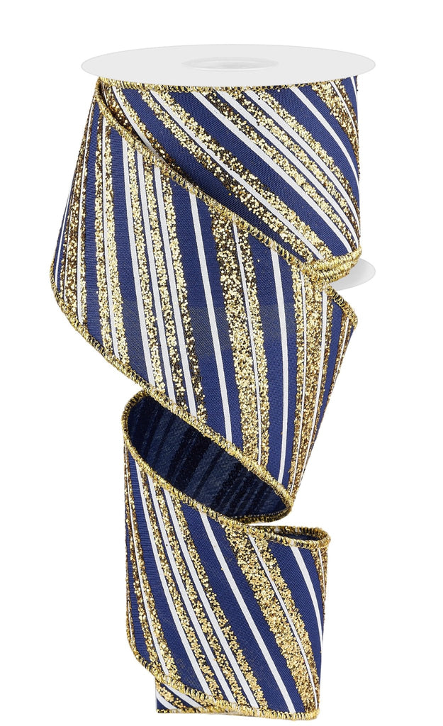 2.5" Diagonal Lines Ribbon: Navy Blue/Gold - RGE18534A - The Wreath Shop