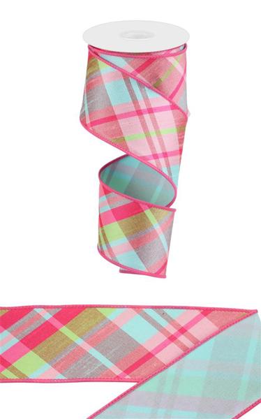 2.5" Diagonal Plaid Fused Back Ribbon: Lt Pink/Green/Hot Pink/Robin Egg - 10yds - RGX005115 - The Wreath Shop