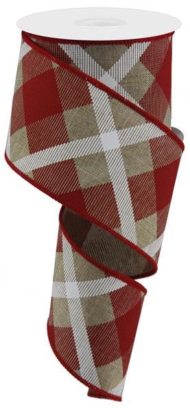 2.5" Diagonal Plaid Ribbon: Beige/Red/Wht - 10yds - RG0168324 - The Wreath Shop