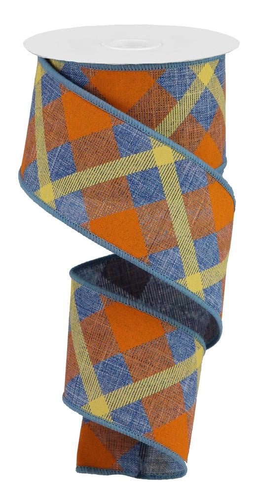 2.5" Diagonal Plaid Ribbon: Denim/Orange/Mustard - 10yds - RG01683RT - The Wreath Shop