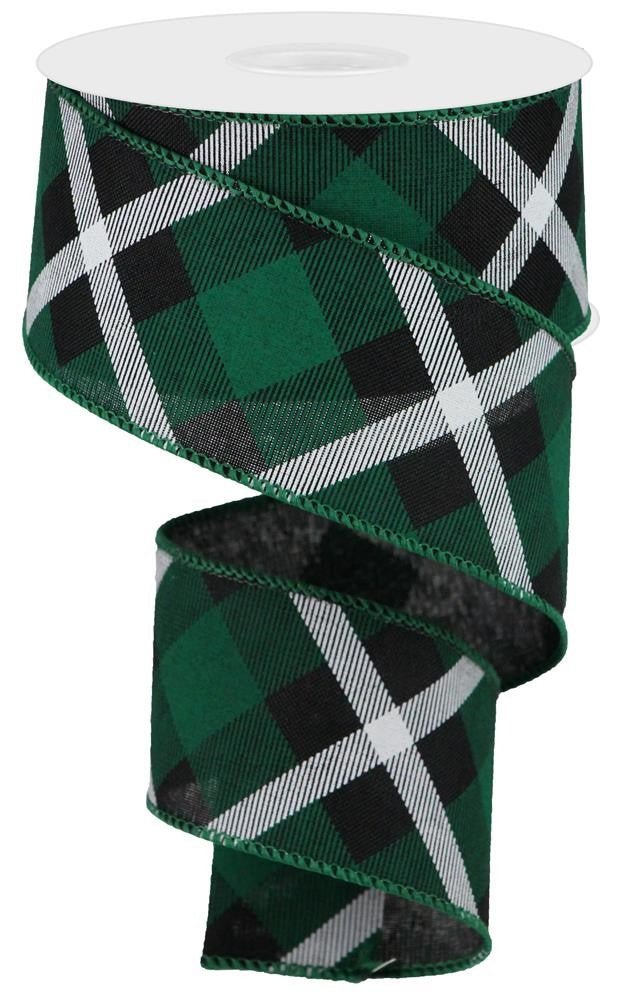 2.5" Diagonal Plaid Ribbon: Green/Black/Wht - 10yds - RG0168309 - The Wreath Shop