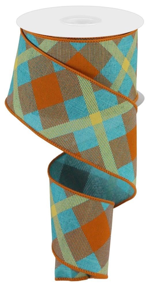 2.5" Diagonal Plaid Ribbon: Lt Teal/Orange/Mustard - 10yds - RG01683F3 - The Wreath Shop