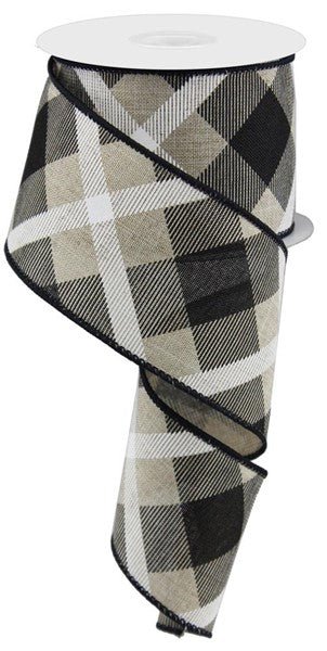 2.5" Diagonal Plaid Ribbon: Natural/Black/Wht - 10yds - RG016839A - The Wreath Shop