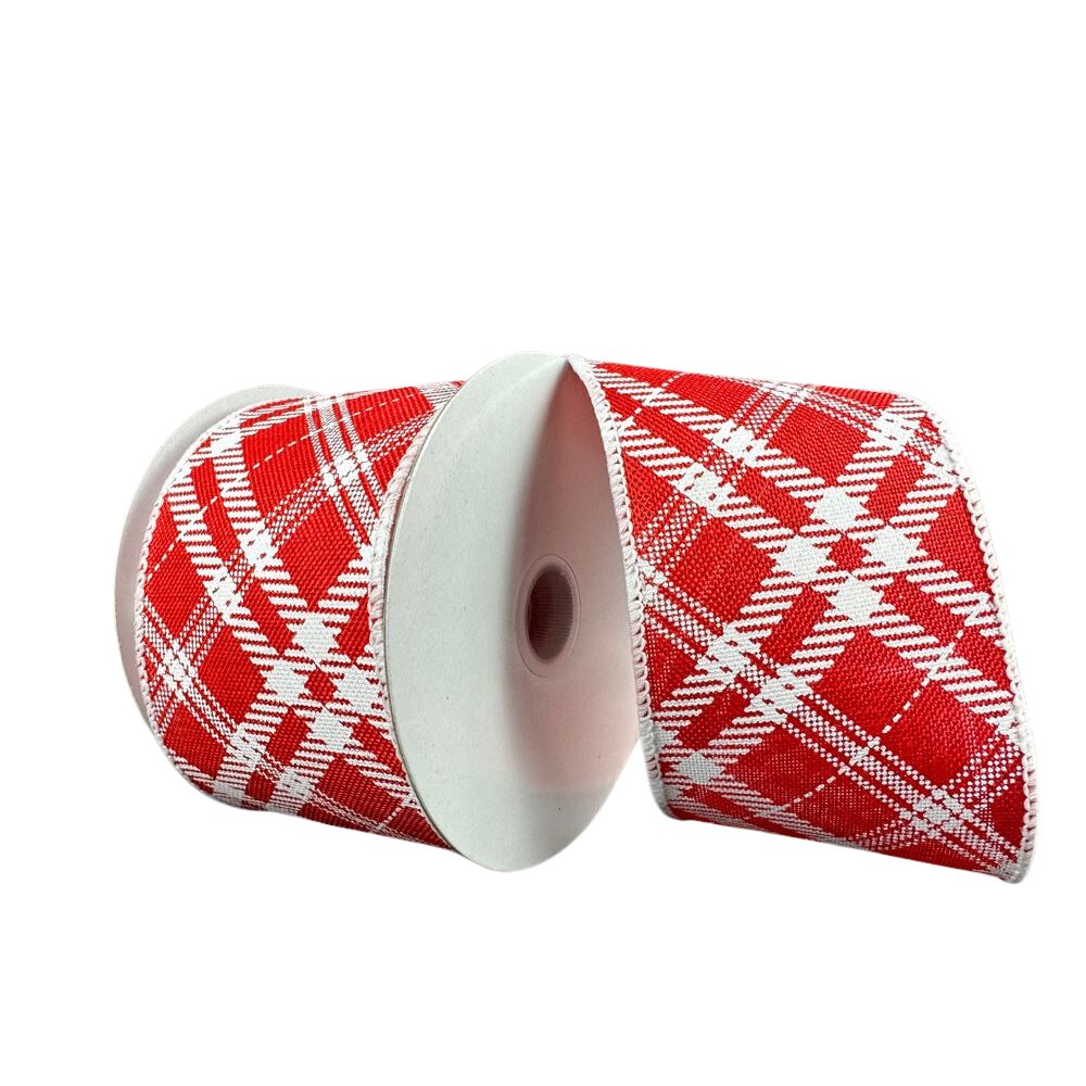 2.5" Diagonal Plaid Ribbon: Red/White - 10yds - 71325-40-12 - The Wreath Shop