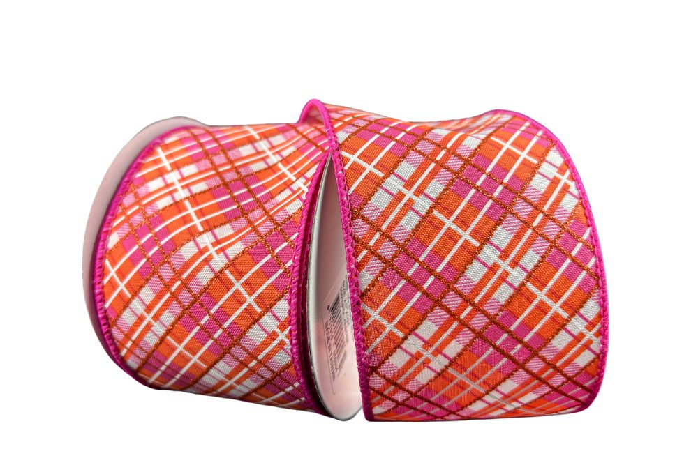 2.5" Diagonal Plaid Ribbon: White/Orange/Fuchsia - 10yds - 51401 - 40 - 28 - The Wreath Shop