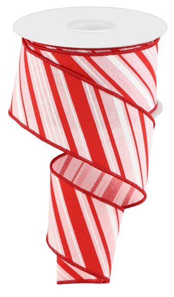 2.5" Diagonal Stripe Linen Ribbon: Pale Pink/Red/White - 10yds - RGC158515 - The Wreath Shop