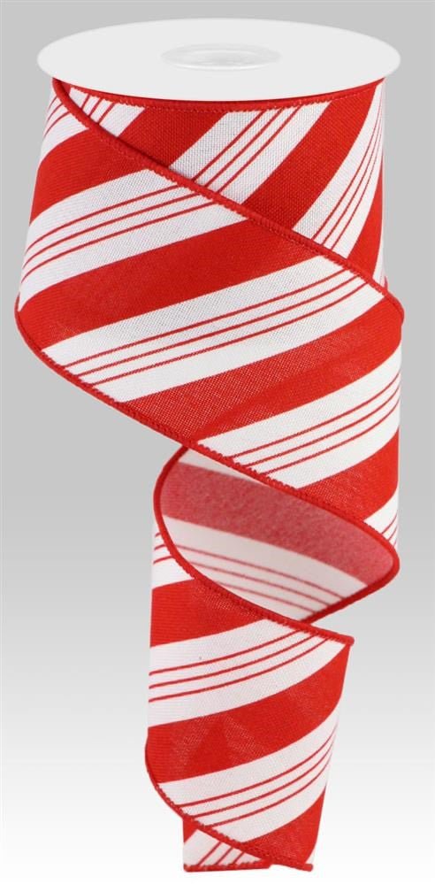 2.5" Diagonal Stripe Linen Ribbon: White/Red - 10yds - RGC173127 - The Wreath Shop